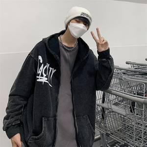 XZ213-JK14-P88控108 港风大码连帽做旧开衫重工夹克图片