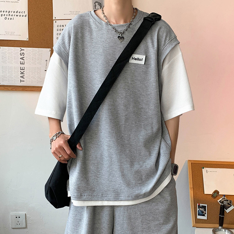 XZ213-TZ52-P50控68华夫格套装假两件夏季休闲大码,男装休闲套装,星座213
