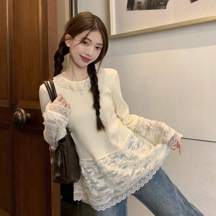 甜美少女蕾丝打底衫女秋季内搭外穿长袖小众设计感拼接下摆上衣