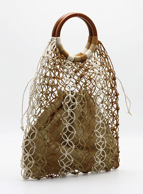 手提镂空木把菜篮子沙滩手工编织草编包女Woven straw bag