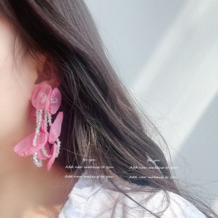 仙气飘飘水晶花瓣网纱流苏耳钉人群焦点blingbling心机女神范耳饰