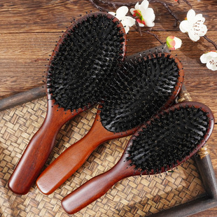 榉木猪鬃毛按摩气垫梳头皮清洁经络梳顺发大板气囊梳Wooden comb