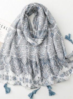 棉麻手感围巾复古名族风蓝灰色小花流苏丝巾披肩女Scarf shawl