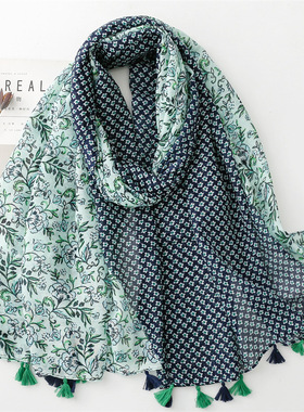 棉麻手感围巾小清新绿色撞色小碎花流苏丝巾披肩女Scarf shawl