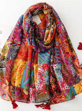 棉麻手感巴厘纱围巾民族风红色波西米亚流苏丝巾披肩Scarf shawl