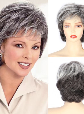 女士时尚假发 灰白色偏分短卷发微卷高温丝化纤头套Curly wig
