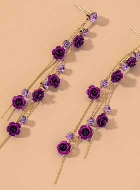 欧美紫色镶钻玫瑰花朵银针长款民族风流苏耳坠时尚优雅耳环女