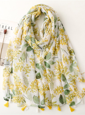 巴厘纱棉麻手感围巾女果绿色明黄叶印花流苏纱巾披肩Scarf shawl