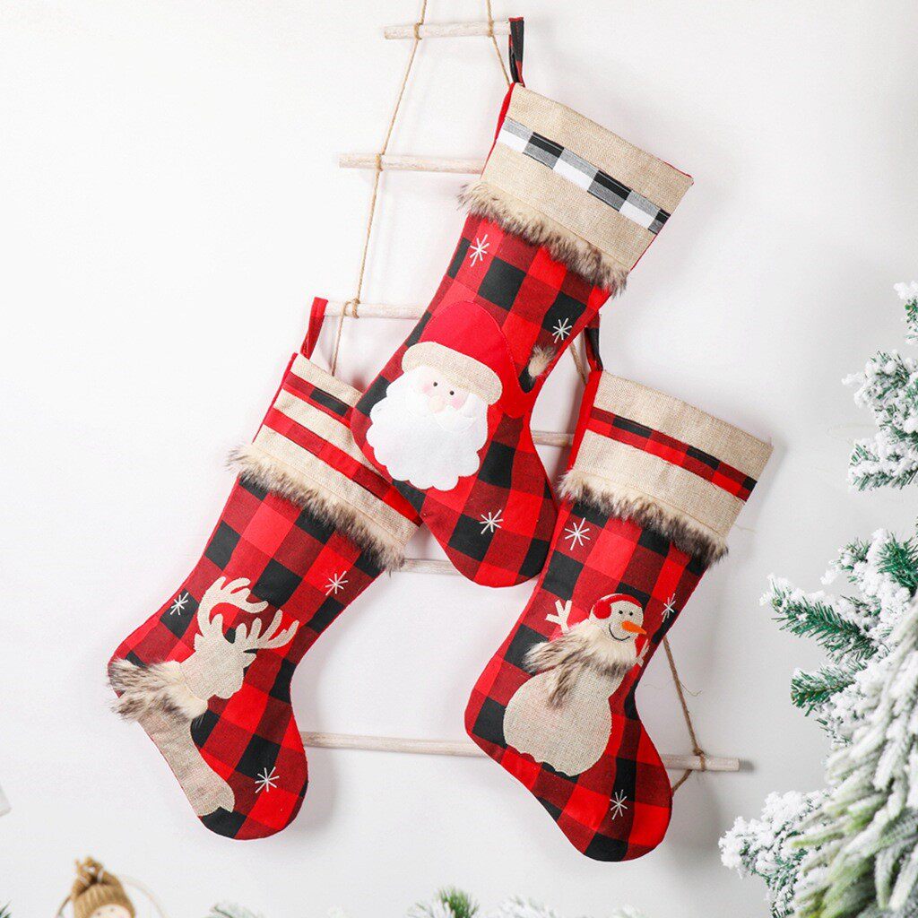 burlap plaid elk christmas stocking gift bag 圣诞袜礼物袋