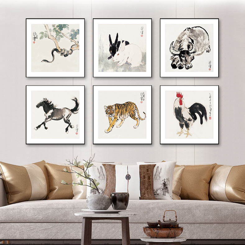 徐悲鸿中式客厅挂画十二生肖鼠牛虎兔龙蛇马羊猴鸡狗猪动物装饰画图片