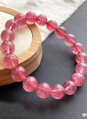 2025红润草莓晶手链女小众招桃花天然草莓晶水晶手串单圈圆珠时尚