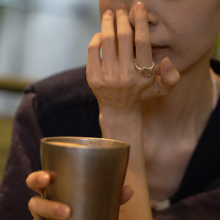 金标瑰夏 咖啡豆纯银戒指原创小众设计开口复古高级哑光
