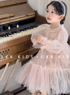 春夏宝宝网纱袖木耳领长袖公主裙女童蕾丝花边连衣裙儿童裙子生日