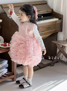 春秋女宝粉色蓬蓬蛋糕背心裙婴儿公主裙女童生日礼服儿童裙子周岁