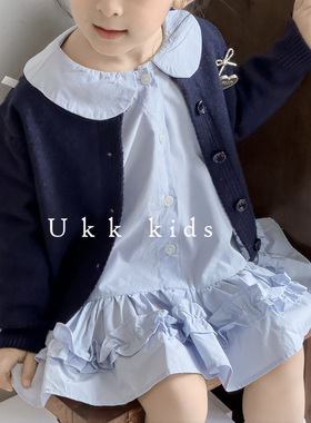 春秋女童连衣裙儿童花边衬衫裙宝宝针织开衫套装小童连衣裙两件套