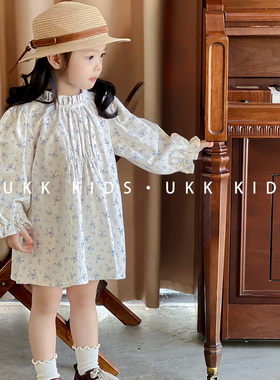 森系童装2025秋款女童木耳边领小碎花连衣裙宝宝儿童打底裙子洋气