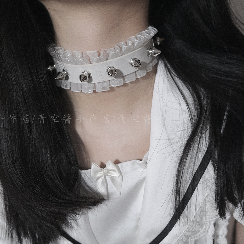 青空酱 朋克黑白蕾丝皮质铆钉项圈 重工亚文化哥特风choker