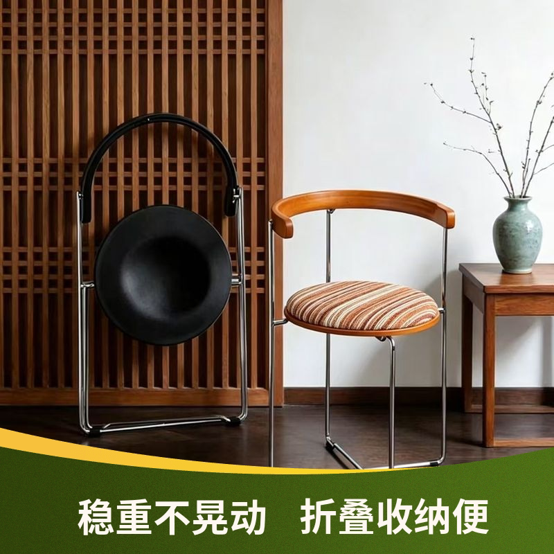中古风金属框架布艺餐椅家用折叠收纳椅成人靠背椅子不晃动