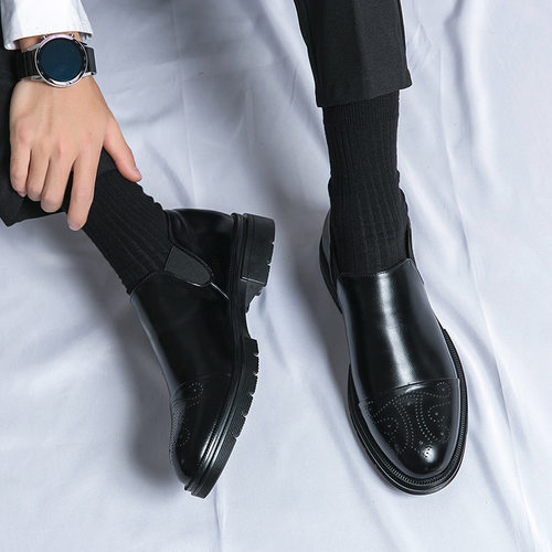 增高大码46码男鞋布洛克雕花皮鞋商务正装一脚蹬懒人结婚鞋乐福鞋