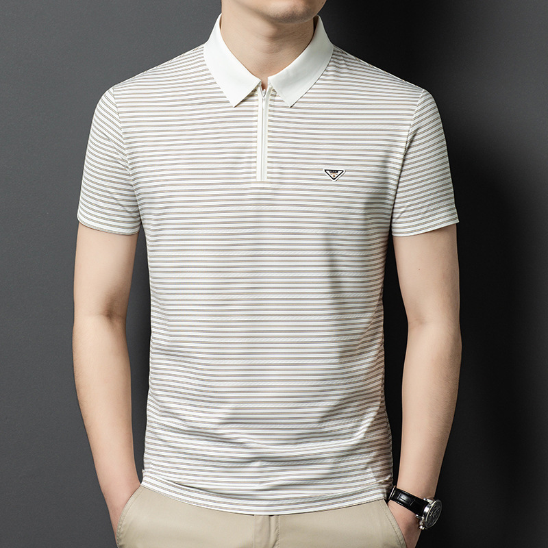 条纹短袖男士针织衫2025春夏新款中年商务休闲薄款冰丝POLO衫