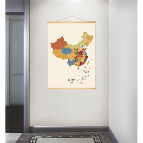 地图实木挂轴中国世界书房客办公室餐厅教室走廊中式挂墙画装饰画
