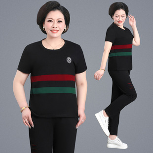 妈妈夏装短袖t恤中老年修身运动套装女装中年洋气晨跑宽松两件套