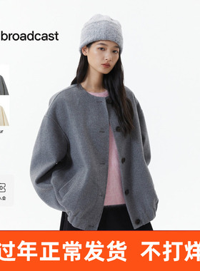 播灰色宽松圆领短款毛呢外套女25冬季新款优雅大气上衣DDS4AD5129