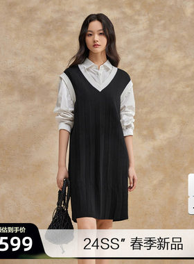 播无袖连衣裙女2024春夏新款宽松时髦v领学院风直筒裙DDR2LD5760