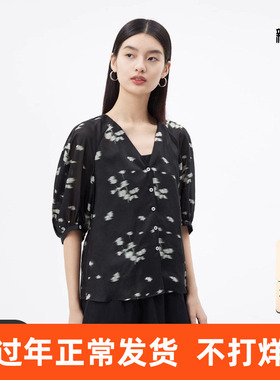 播商场同款2023秋季新款满版印花下摆卷边花式衬衫女BDQ2HD1668