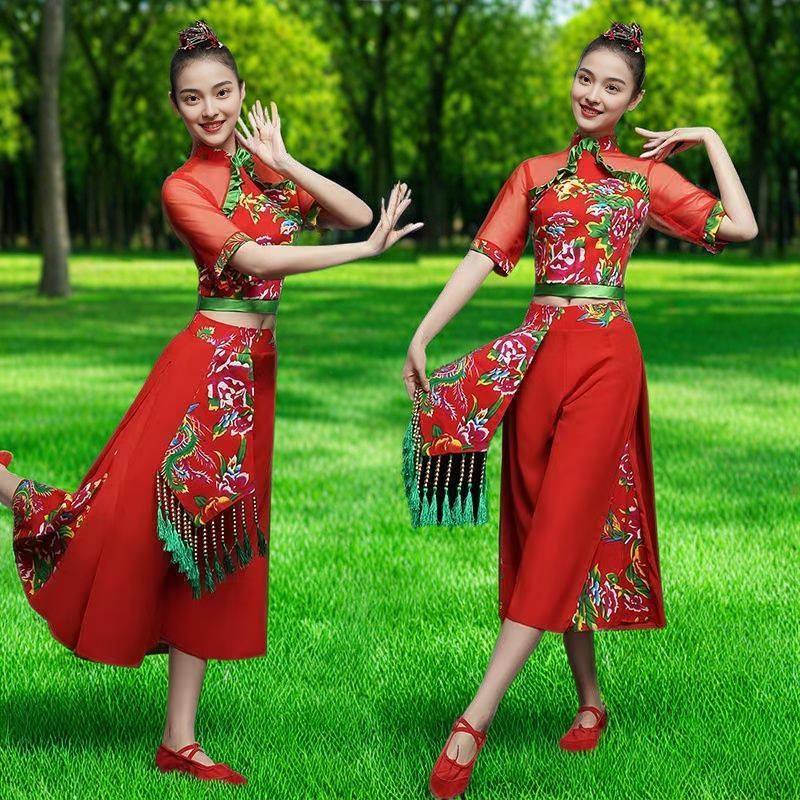 中国风喜庆秧歌服演出服女2025新款手绢扇子舞短袖胶州古典舞套装