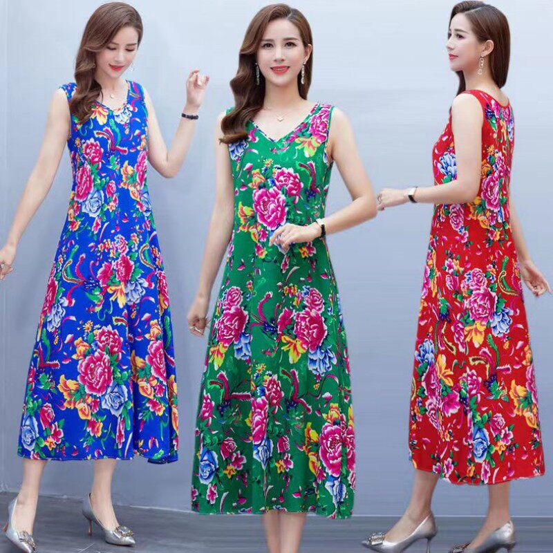 复古连衣裙涤棉印花A字裙女夏季