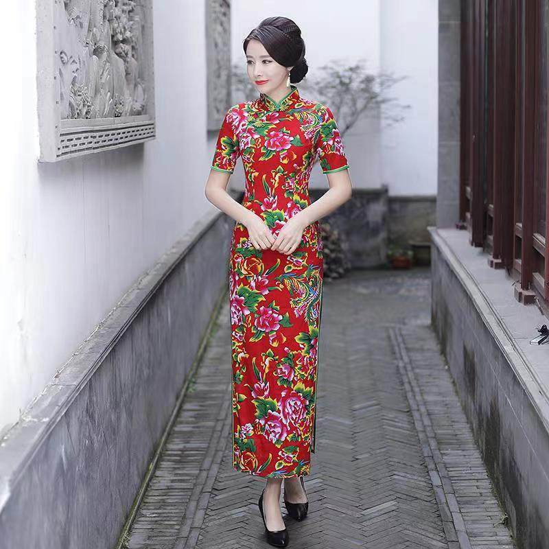 中国风婚礼年会长款花布旗袍复古