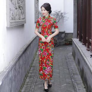 修身 夏季 婚礼伴娘婆婆礼服女士时尚 东北花布旗袍网红同款 旗袍 新款