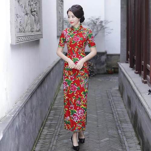 中国风婚礼年会长款花布旗袍复古