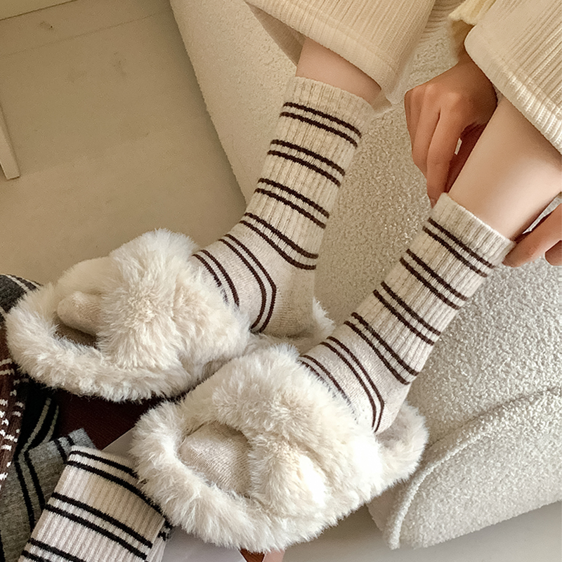 【6双装】冬季韩版条纹羊毛中筒堆堆袜~搭配鞋带时尚