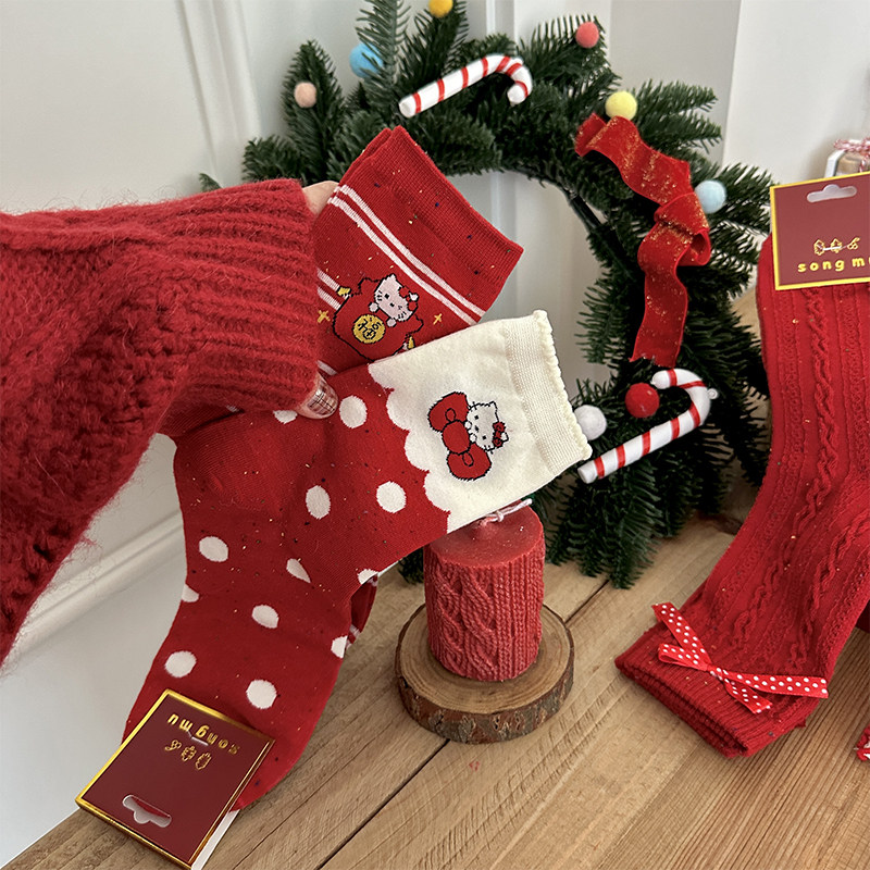 【5双装】新年点子纱kitty猫本命年红色袜子新年喜庆