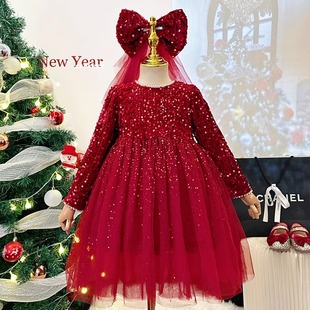 女童连衣裙冬装儿童高级感洋气亮片公主裙儿童红色新年加绒礼服裙