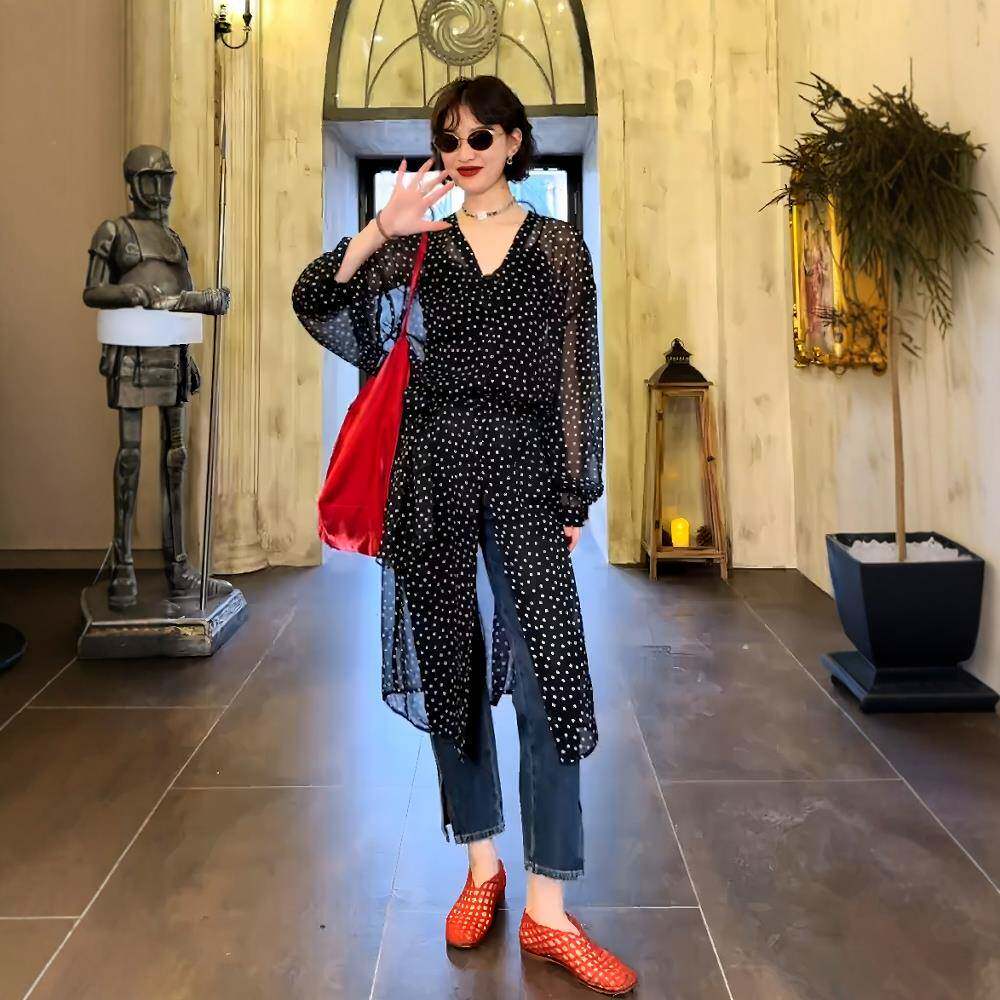 大码叠穿长款裙子春季流行穿搭2025新款微胖mm收腰显瘦波点连衣裙