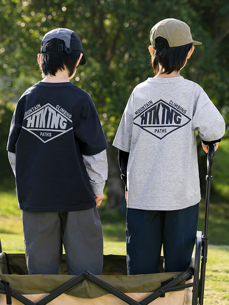 RS家男童长袖T恤25春新日系假两件宽松印花休闲棉t中大儿童T恤潮