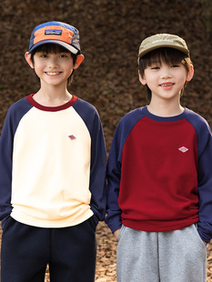 中大童儿童拼接上衣 插肩撞色加绒打底衫 RS家男童长袖 T恤秋冬经典