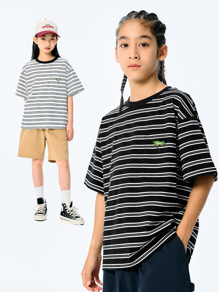 RS家25夏季新品女男童日系复古条纹短袖T恤儿童中大童休闲上衣