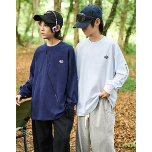 色2025秋 中大男童t恤宽松休闲白蓝经典 RS家侧印设计感长袖 打底衫