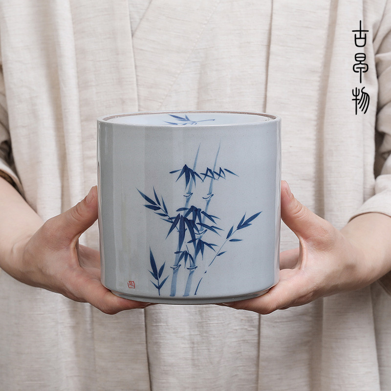 复古手绘茶渣缸水盂烟缸翠竹陶瓷烟灰缸大号家用客厅茶道配件建水