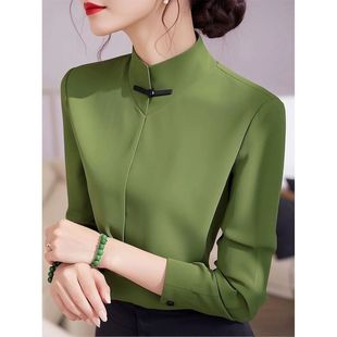 品牌折扣店专柜撤柜新中式 独特漂亮 国风绿色盘扣衬衫 女2025年春季