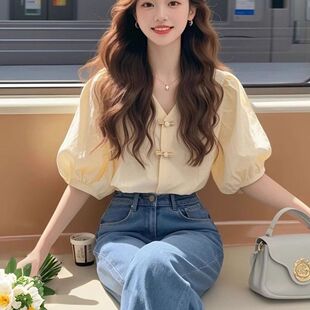 新款 杏色短袖 品牌折扣店专柜撤柜2025年夏季 新中式 衬衫 女泡泡袖
