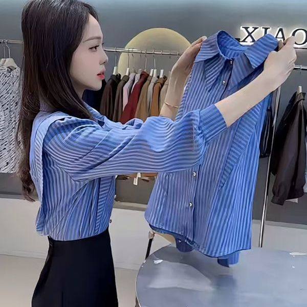 品牌折扣店专柜撤柜2025春季新款气质条纹荷叶边设计减龄显瘦衬衫