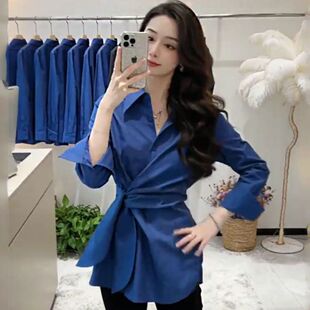 品牌折扣店专柜撤柜2026年春季 洋气设计感高级减龄绑带收腰衬衫