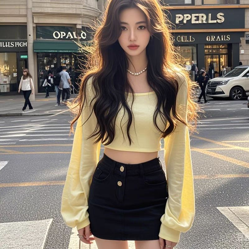 纯欲辣妹风圆领短款长袖t恤女