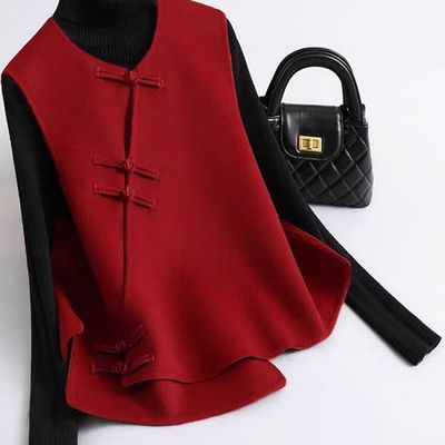 秋新国风红色毛呢立领马甲