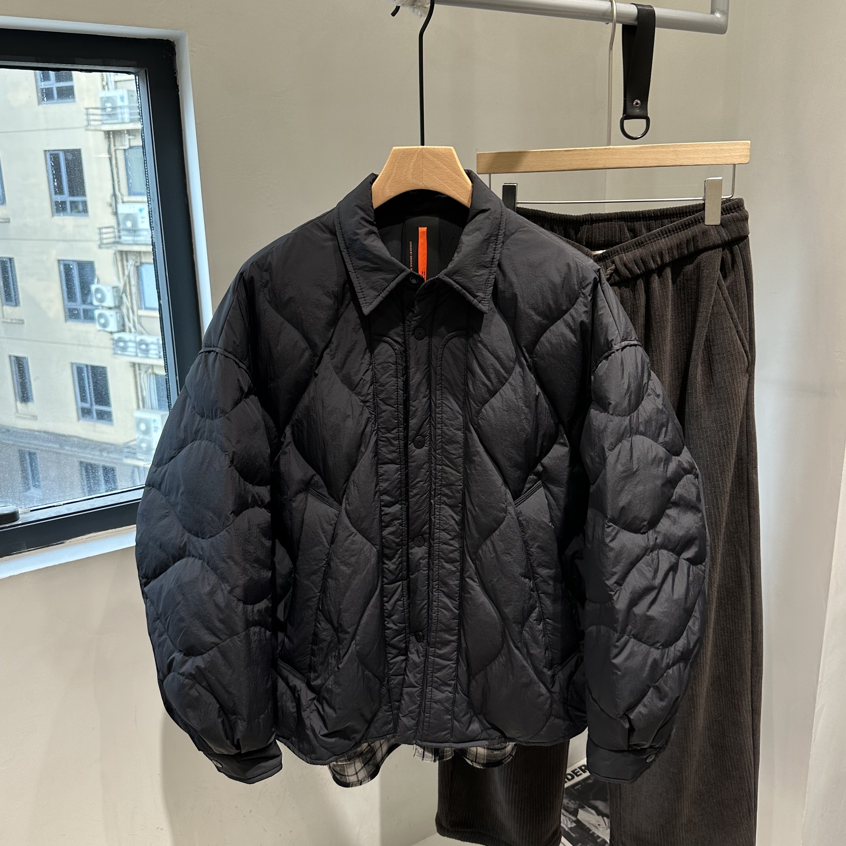 INTROVERT 复古菱格假两件羽绒服男90白鸭绒宽松休闲百搭夹克上衣